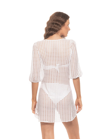 White Puff Sleeve Lattice Dress Swimsuit Cover-up