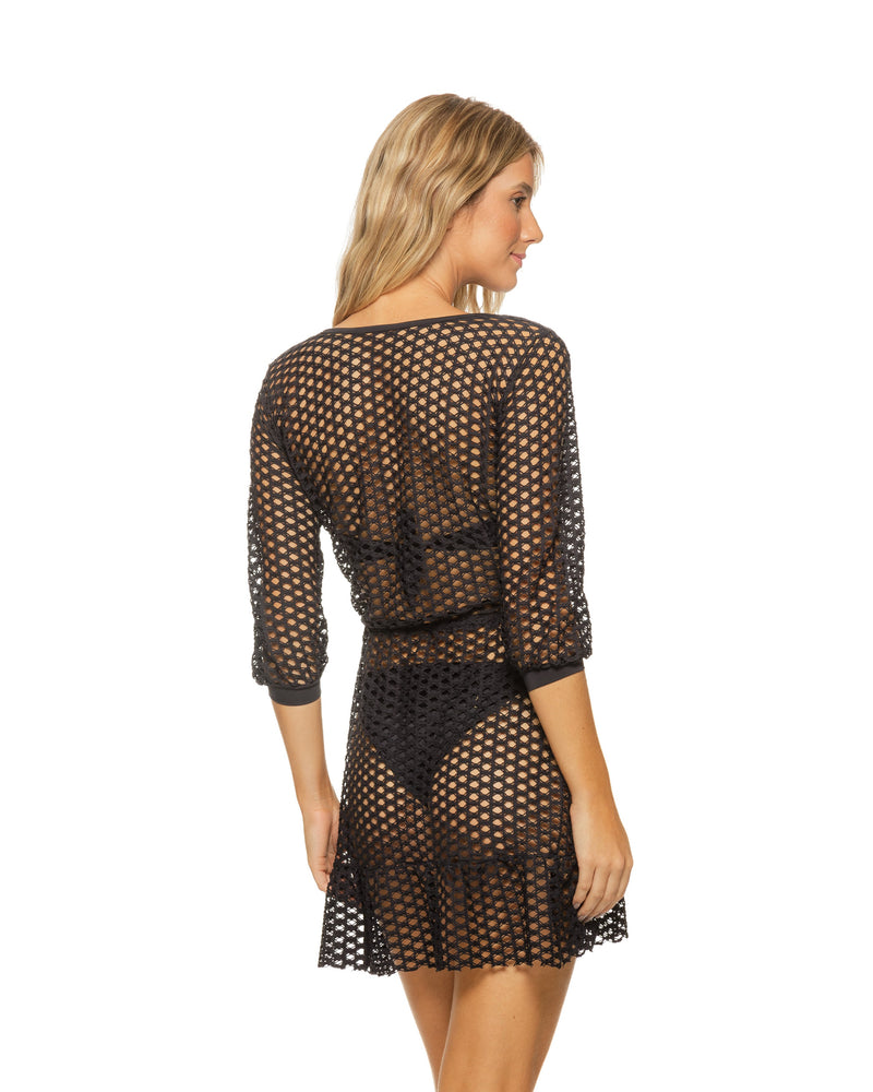 Black Lattice Front Tie Ruffle Hem Swimsuit Cover-up