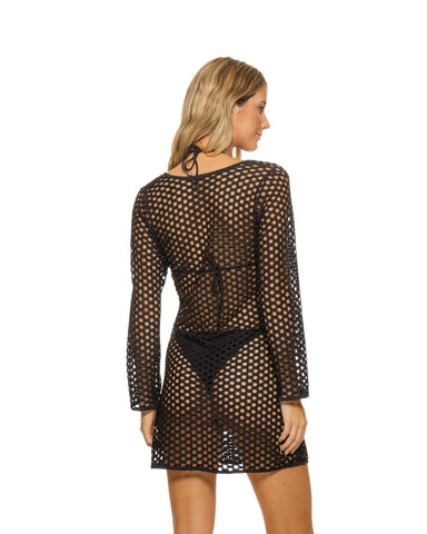 Black Lattice Ring V Neck Tunic Swimsuit Cover-up