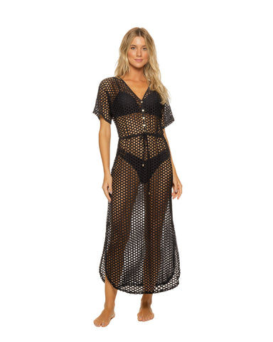 Black Lattice V-Neck Long Dress Swimsuit Cover-up