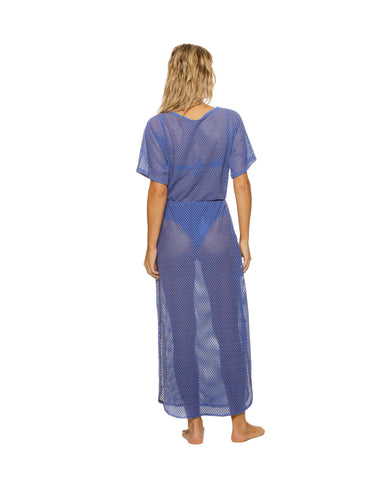 Blue Honeycomb Lattice V-Neck Long Dress Swimsuit Cover-Up