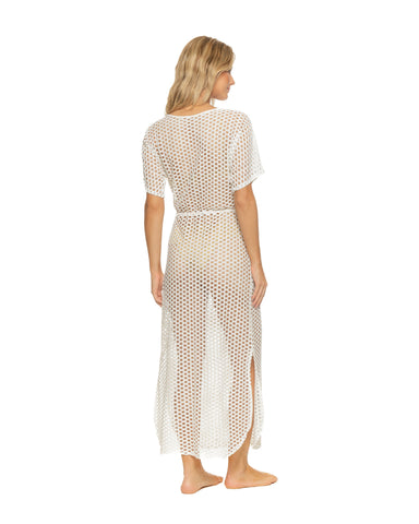 Off-White Lattice V-Neck Long Dress Swimsuit Cover-up