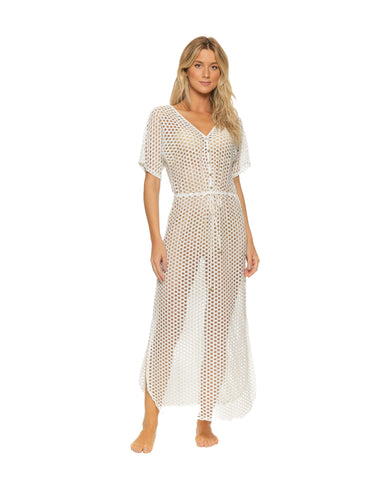 Off-White Lattice V-Neck Long Dress Swimsuit Cover-up