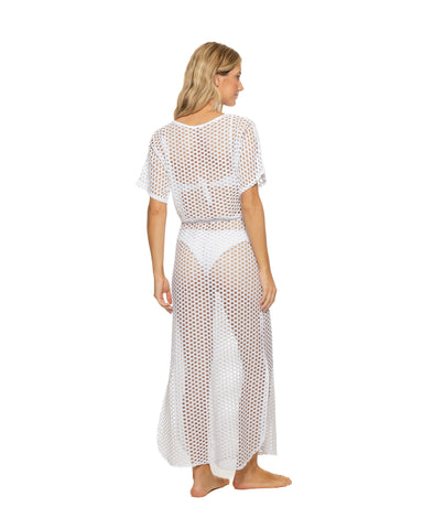 White Lattice V-Neck Long Dress Swimsuit Cover-up