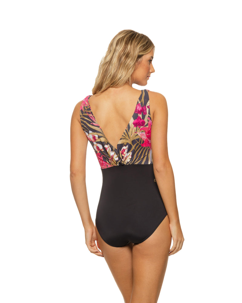 Floral V Neck Tank One Piece Swimsuit Moderate Cut
