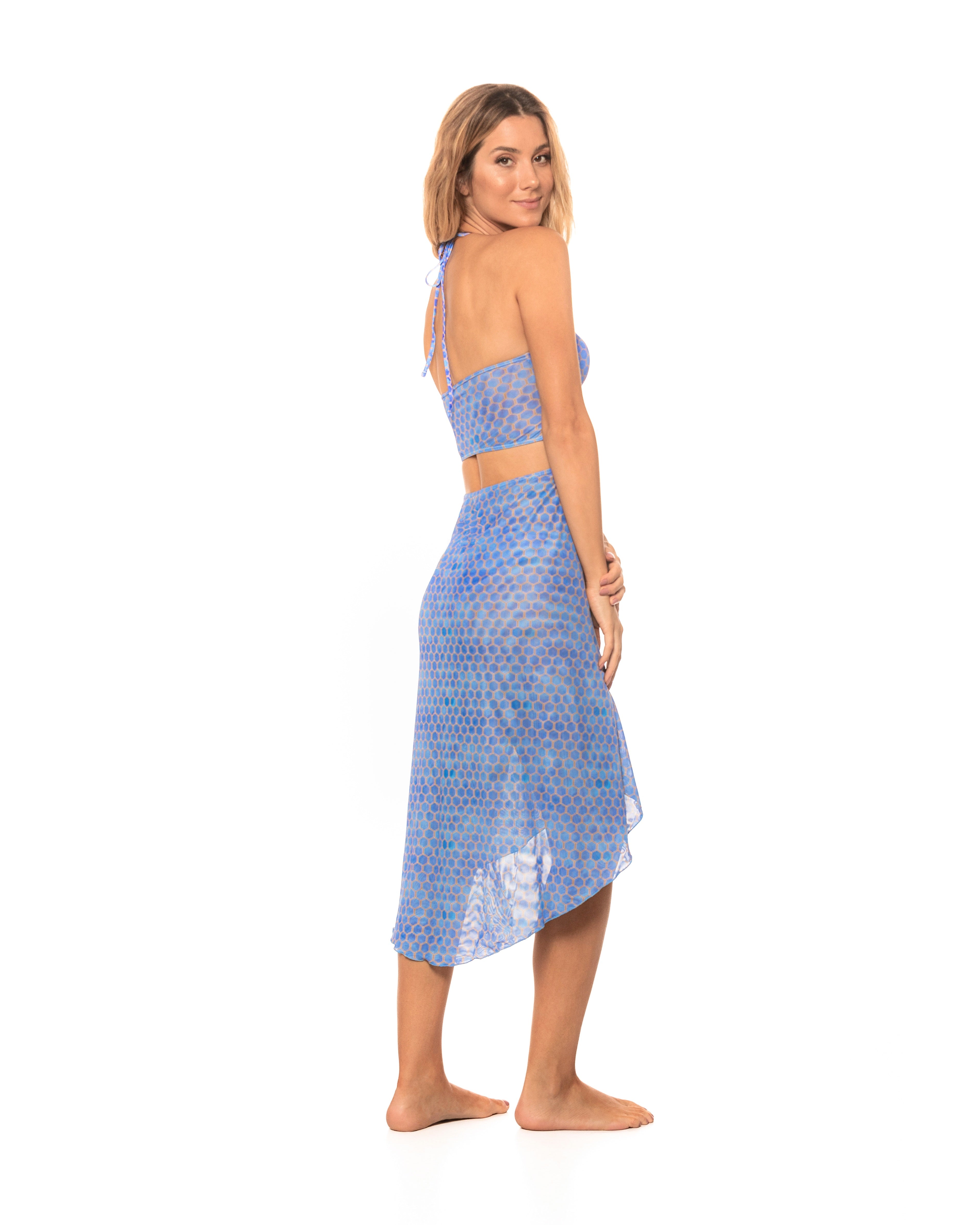 Blue Golden Reef Mesh Halter Cut-out High-low Dress Cover-up Small Blue Golden Reef Mesh Halter Cut-out High-low Dress Cover-up Small