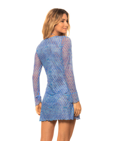 Blue Golden Reef Mesh V Neck Short Tunic Swimsuit Cover-up