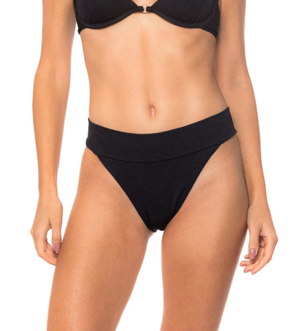 Black Leafy Texture High Cut Banded Bikini Bottom