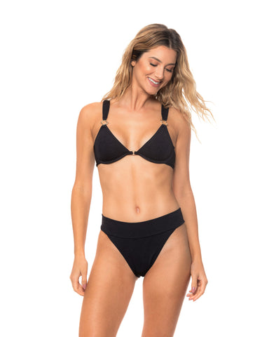 Black Leafy Texture High Cut Banded Bikini Bottom