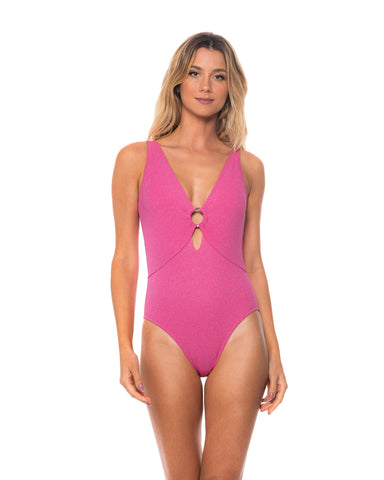 Pink Lurex Ring V-Neck One Piece Swimsuit Moderate & Brazilian Cut