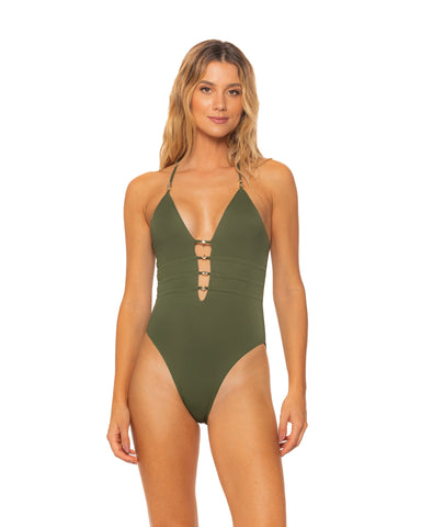 Forest Green Beaded Strap One Piece Swimsuit Moderate & Brazilian Cuts
