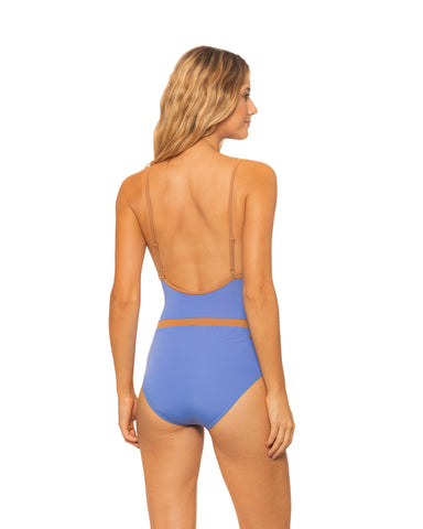 Blue & Bronze - Contrast Detail Keyhole V-neck One Piece Swimsuit Moderate & Brazilian Cuts