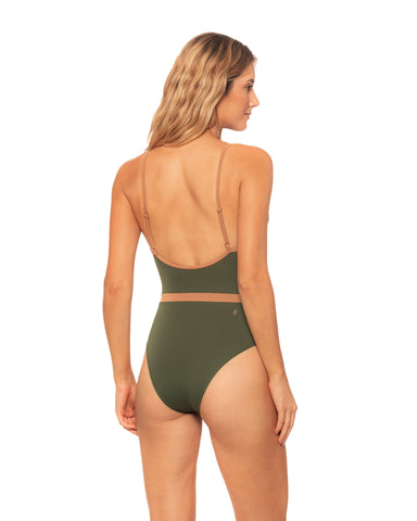 Forest Green & Bronze - Contrast Detail Keyhole V-neck One Piece Swimsuit Moderate & Brazilian Cuts