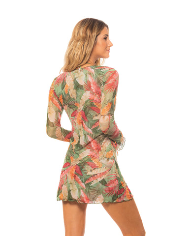 Sacred Garden Mesh V Neck Short Tunic Swimsuit Cover-up