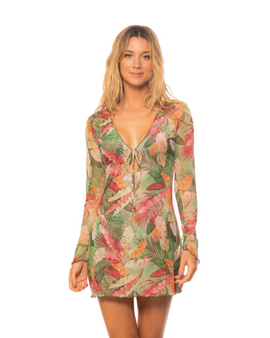 Sacred Garden Mesh V Neck Short Tunic Swimsuit Cover-up