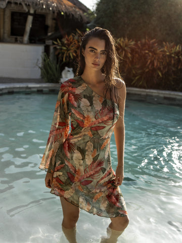 Sacred Garden Mesh One Shoulder Asymmetric Dress Cover-up