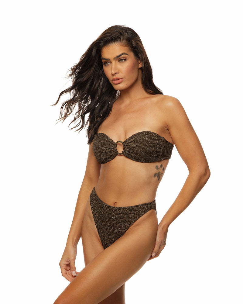 Crinkle Lurex Black Ring Padded Bandeau Bikini Top